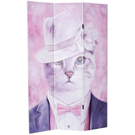 Paravent 2 faces de 3 pans en pin et toile coloris rose motif chat - Longueur 120 x Hauteur 180 x Profondeur 2 cm