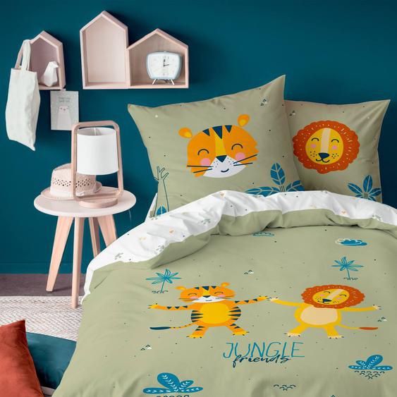 Parure De Lit Imprimée 100% Coton, Jungle Friends Kaki