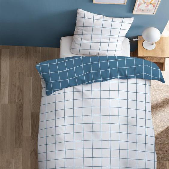 Parure De Lit Imprimée 100% Coton - Matt & Rose - Checks - Bleu - Naturelle - Chambre Bleu