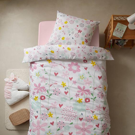 Parure housse de couette + taie doreiller enfant polyester et coton FLORAILES blanc imprimé