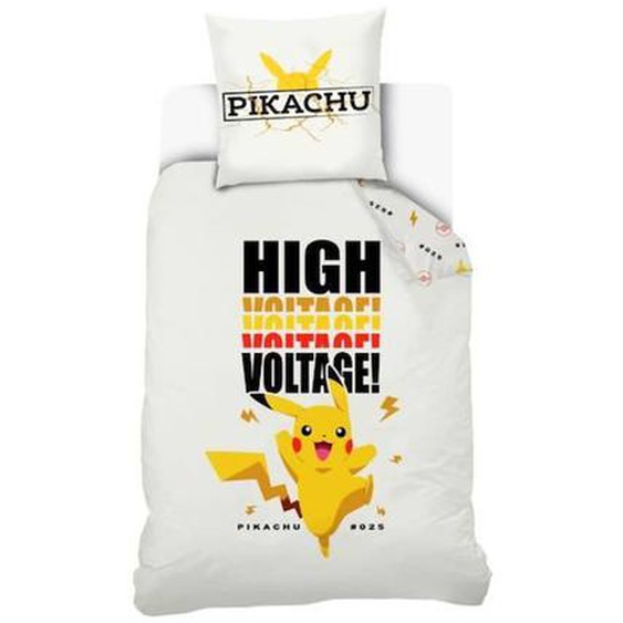 Pokemon - Housse De Couette Pokémon Pikachu High Voltage 140x200 Cm + Taie Doreiller Pikachu 63x63 Cm - Blanc - 100% Coton Blanc