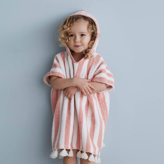 Poncho de bain bébé à rayures personnalisable rose