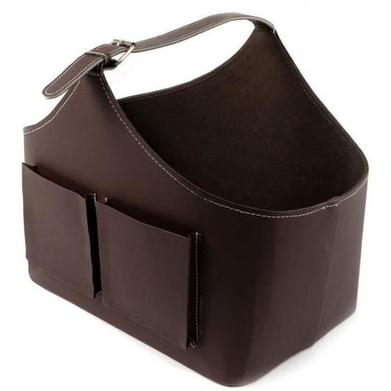 Porte-revues en simili-cuir marron avec poches, panier avec poignées en cuir synthétique pour le rangement dans le salon et sur le