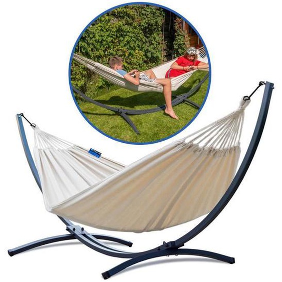 Potenza® Hamac avec Support en Acier pour 2 personnes Démontable - Max 220 kg Les Hamacs Coton Double XXL - Jardin -crème - grafiet