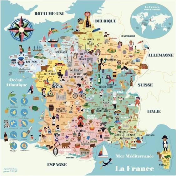 Puzzle Carte De France Magnétique Vilac - Voyage Et Cartes - Mixte - 5 Ans Et Plus - Moins De 100 Pièces Jaune