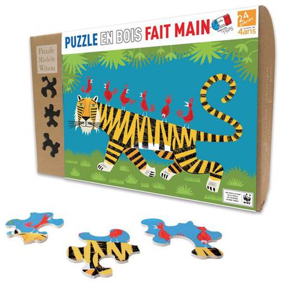 Puzzle En Bois Fait Main 24 Pièces - Puzzle Michèle Wilson - Tigre - Difficulté Difficile Beige