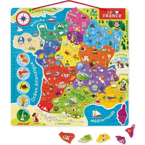 Puzzle France Magnétique 93 Pcs (bois) - Janod - Nouvelles Régions 2016 - Dès 7 Ans Rouge