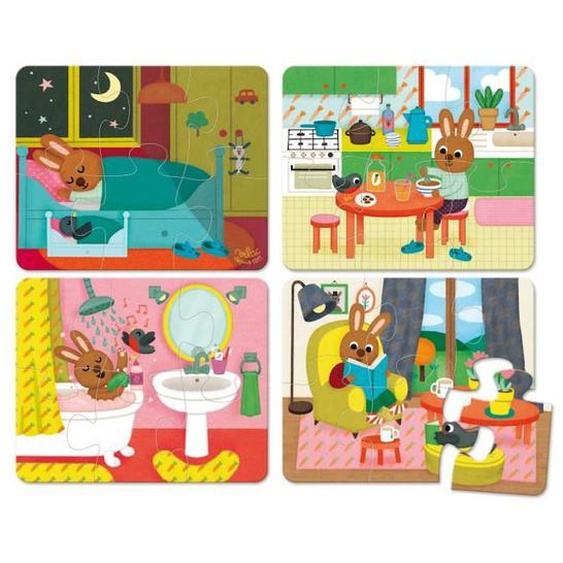 Puzzles En Bois Pour Enfants - Vilac - Maison Du Lapin - 4 Puzzles De 6 Pièces - Thème Animaux Bleu