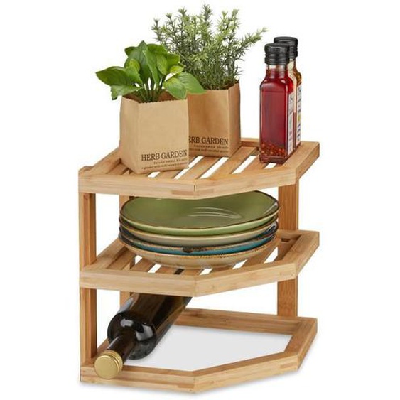 Relaxdays Rangement cuisine bambou, HLP: 25,5x25,5x25,5 cm, étagères angle plan de travail et cuisine, 2 niveaux, nature