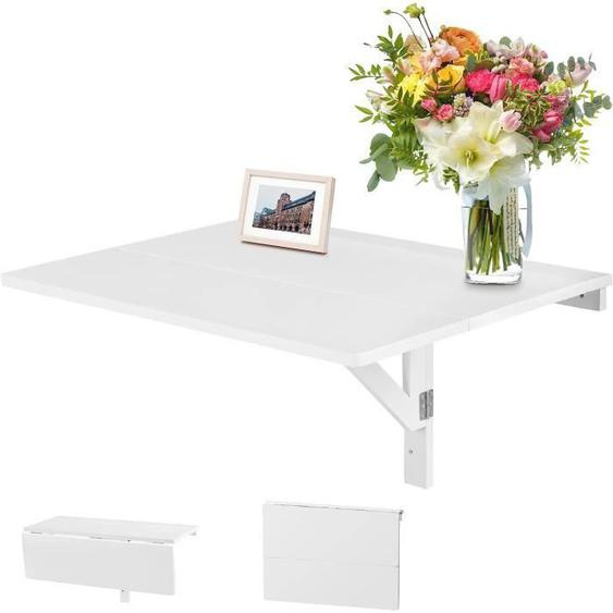 RELAX4LIFE Table Murale Rabattable 80x60CM avec Support Triangulaire Double Pliage, pour Salon, Salle, Cuisine, Bureau, Blanc