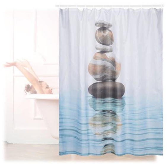 Relaxdays Rideau de douche 180 x 180 cm salle de bain motifs Pierres Zen anti-moisissures, bleu - 4052025226138