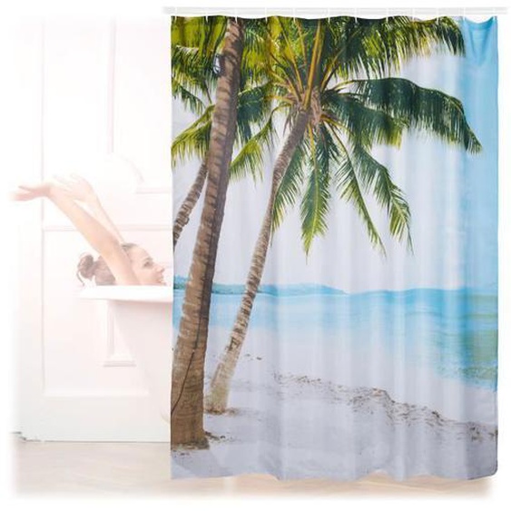 Relaxdays Rideau de douche 180 x 180 cm salle de bain plage sable palmier anti-moisissures polyester, coloré