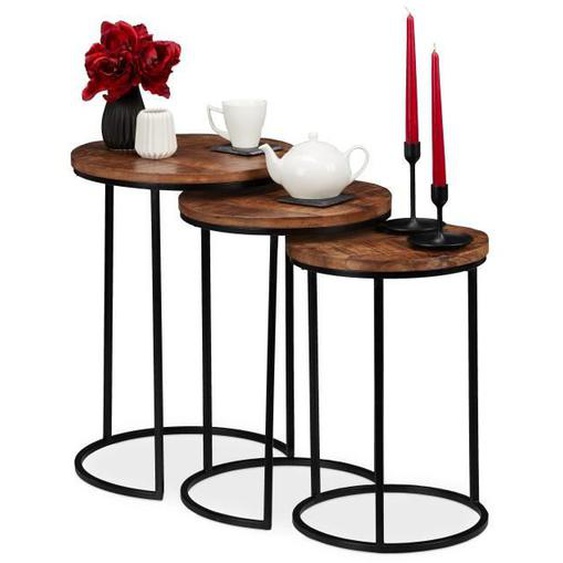 Relaxdays Table gigogne, jeu de 3, d’appoint ronde Bois de mangue, design industriel, métal noir, 3 tailles, couleurs -