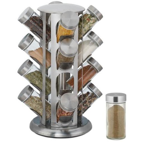 Relaxdays Tourniquet à épices, avec 16 pots, étagère rotative à 360°, inox, verre, organiseur, HxD 33 x 22 cm, argent