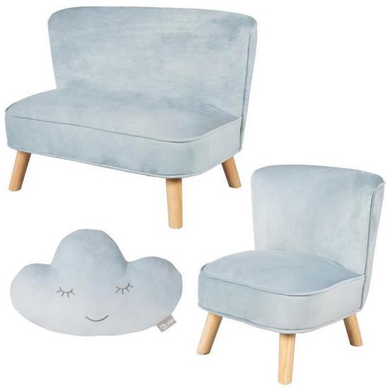 ROBA Canapé et Fauteuil Enfant Lil Sofa  + Coussin Décoratif Nuage - Ensemble en Velours - Bleu clair