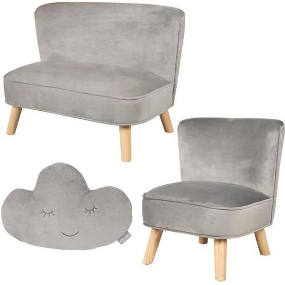 ROBA Canapé et Fauteuil Enfant Lil Sofa  + Coussin Décoratif Nuage - Ensemble en Velours - Gris argenté