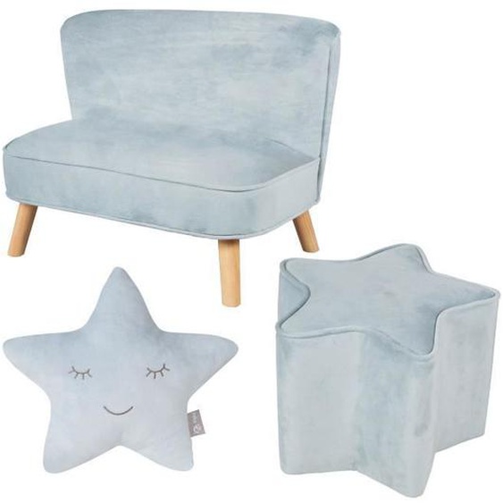 ROBA Canapé et Pouf Enfant Lil Sofa  + Coussin Décoratif Étoile - Ensemble en Velours - Bleu clair