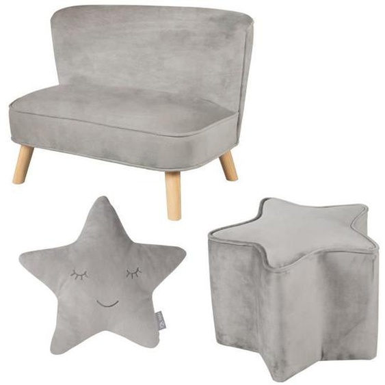 ROBA Canapé et Pouf Enfant Lil Sofa  + Coussin Décoratif Étoile - Ensemble en Velours - Gris Argenté