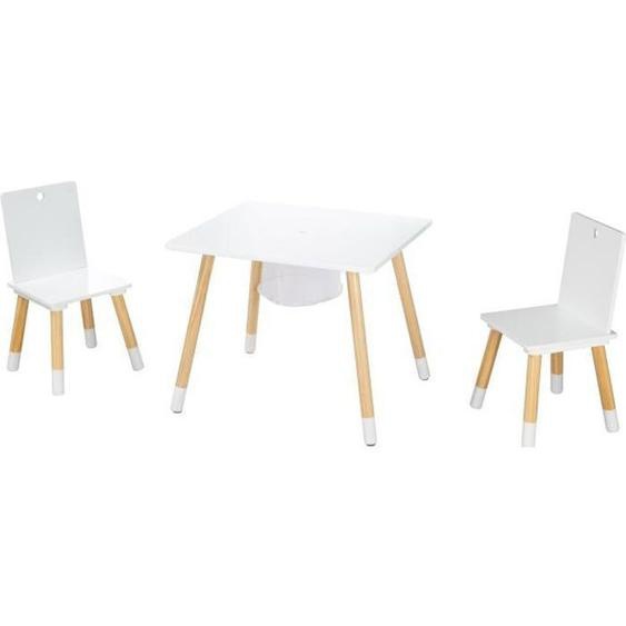 ROBA Ensemble de Sièges - Chaises et Table en Bois Blanc + Filet de Rangement - 3 Pièces - Pieds en Bois Massif