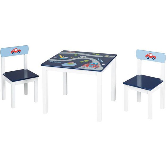 ROBA Ensemble Table + 2 Chaises Enfants - Rennfahrer - Motif Véhicules et Voitures - Table de Jeu - Bleu / Blanc