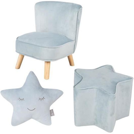 ROBA Fauteuil et Pouf Enfant Lil Sofa + Coussin Décoratif Étoile - Ensemble en Velours - Bleu clair