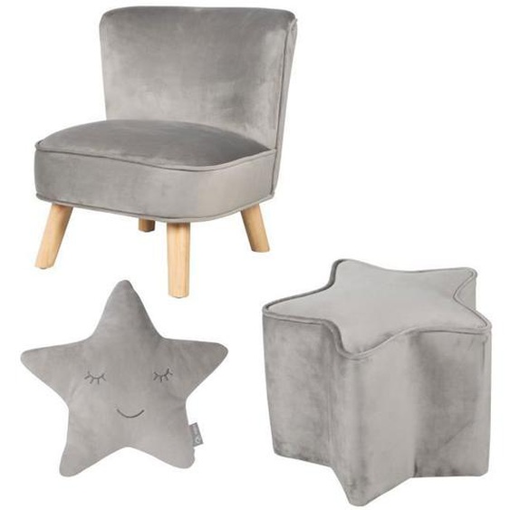 ROBA Fauteuil et Pouf Enfant Lil Sofa + Coussin Décoratif Étoile - Ensemble en Velours - Gris Argenté