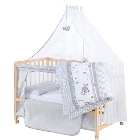 Roba Lit Cododo Complet jumbo Twins Gris 60x120 Cm Avec 4 Roues À Freins - Bois Naturel - Motif Éléphant Beige