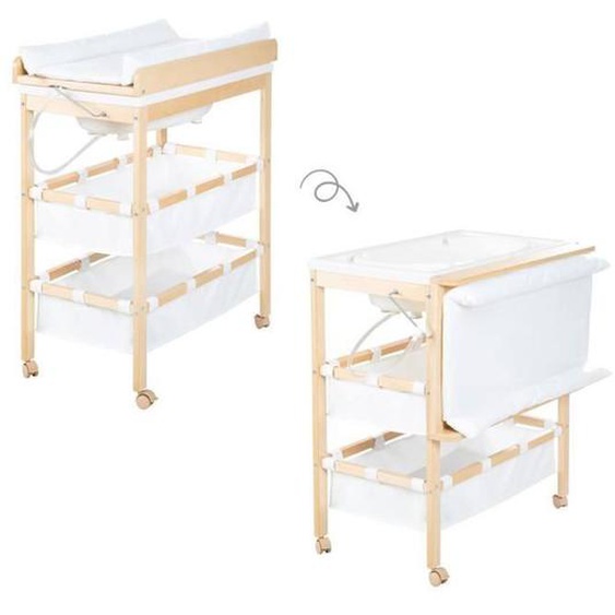 Roba Table À Langer Avec Baignoire Baby Pool En Bois Naturel + Matelas À Langer Hydrofuge Et Étagères En Tissu - Plan Pivotable Beige