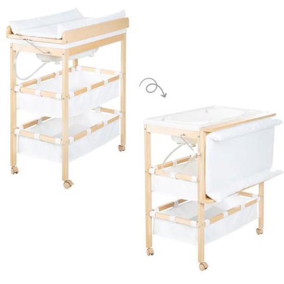 ROBA Table à Langer avec Baignoire Baby Pool en Bois Naturel + Matelas à Langer Hydrofuge et Étagères en tissu - Plan Pivotable