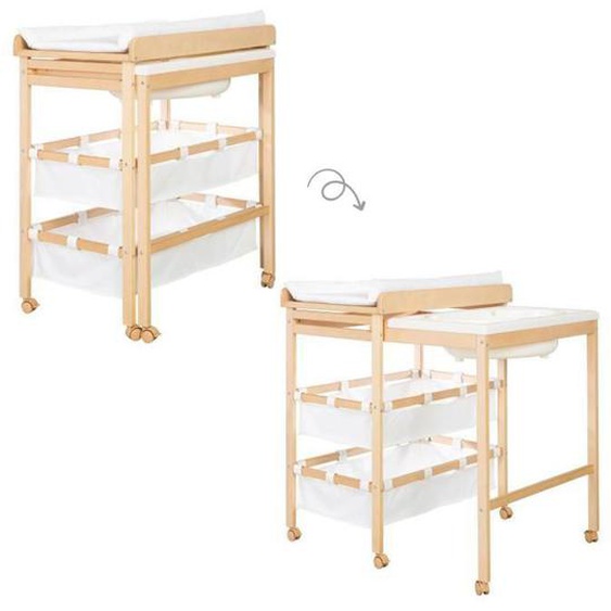 ROBA Table à Langer avec Baignoire Coulissante Baby Pool + Matelas à Langer Imperméable et Étagères en tissu Blanc - Bois Naturel