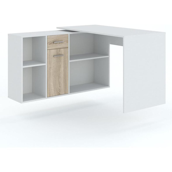 Ruffi Bureau Dangle Diego Avec Étagère L 122 Cm H 75 Cm 6 Étagères 1 Tiroir 1 Porte Armoire Chambre En Panneaux Stratifiés Finition Gloss White Et Sonoma