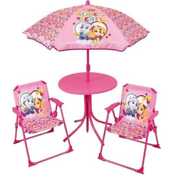 Salon de jardin FUN HOUSE PATPATROUILLE - 1 table 46xø46 cm, 2 chaises H.53xl.38,5xP.37,5cm et 1 parasol