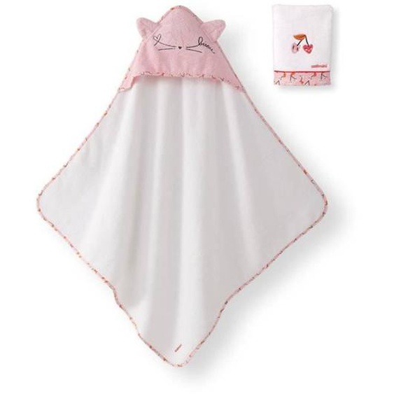 Serviette De Bain A Capuche Catimini - Escapade Kawaii - 100% Coton - Blanc Et Rose Rose