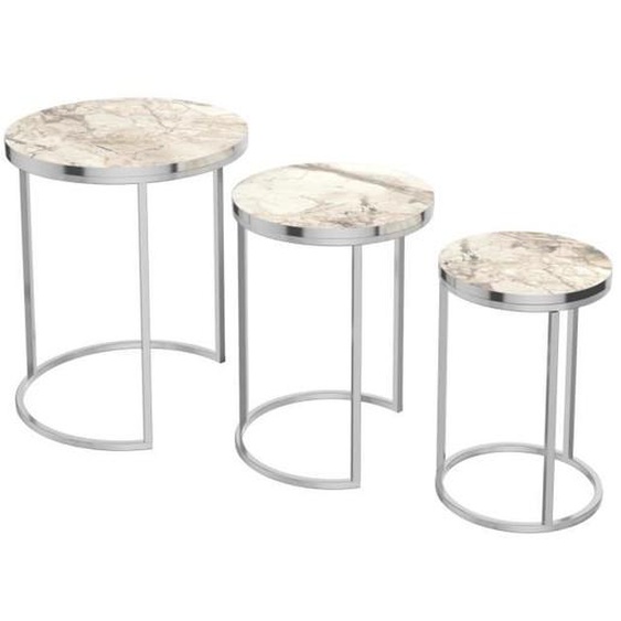 Set de 3 tables dappoint rondes gigognes en marbre blanc et argent - Style classique intemporel