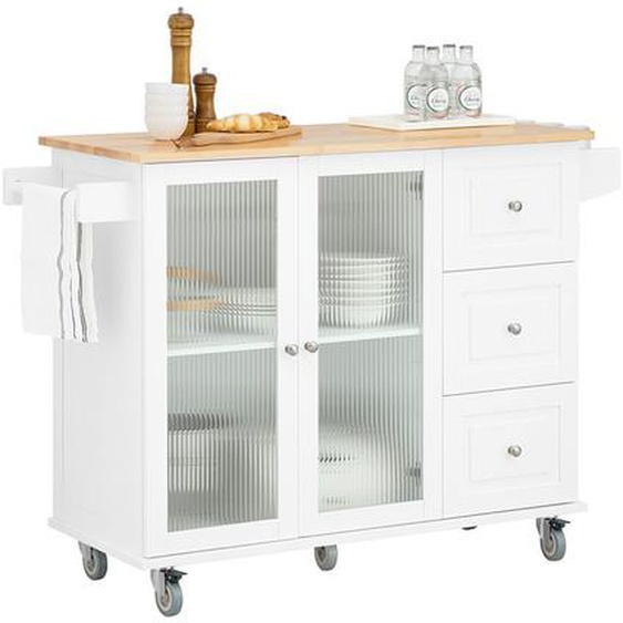 Sobuy Desserte De Cuisine À Roulettes Îlot De Cuisine Chariot De Service Buffet Placard Armoire Cuisine Avec 3 Tiroirs, 2 Portes, Porte-Épices Et Porte-Serviettes, 128x46x92 Cm, Fkw120-Wn