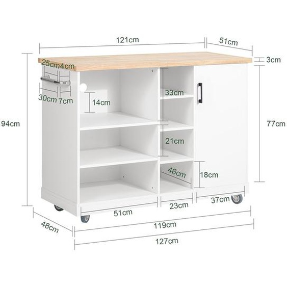 Sobuy Fkw105-Wn Desserte Roulante Chariot De Cuisine Meuble De Rangement À Roulettes Chariot De Service Îlot De Cuisine Buffet Multifonctionnel Armoire Micro-Ondes