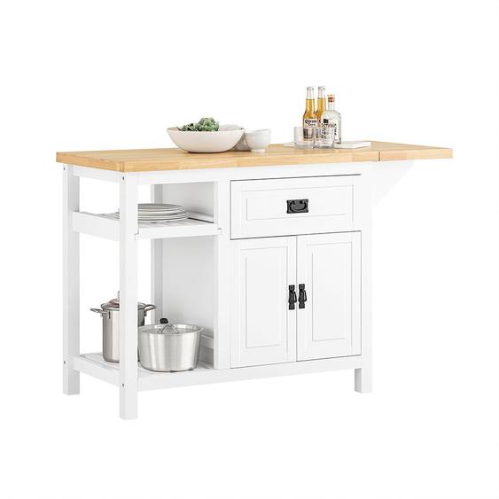 Sobuy Ilot Central De Cuisine Avec Plan De Travail Extensible En Bois Dhévéa, 2 Portes, 2 Tiroirs Et Espace De Rangement, Armoire De Rangement, Placard De Cuisine, 110/145 X 60 X 95 Cm, Knl06-Wn