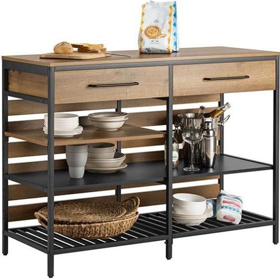 SoBuy Îlot Central de Cuisine FSB85-PF avec 2 Tiroirs et 3 Étagères, Cadre en Acier Stable, Style Industriel, 120 x 45 x 91 cm