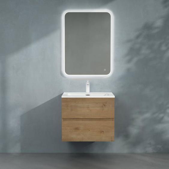 Sogood Meuble de Salle de Bain Suspendu 60x48x50cm Ensemble de 3 Pièces Meuble avec Lavabo et Led Miroir Design Aqualis