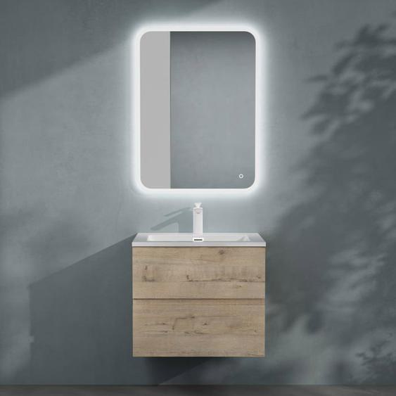 Sogood Meuble de Salle de Bain Suspendu 60x48x50cm Ensemble de 3 Pièces Meuble avec Lavabo et LED Miroir Aqualis