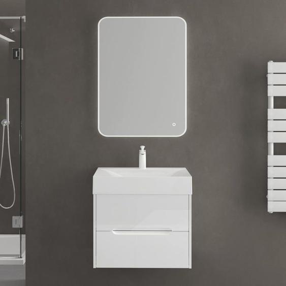 Sogood Meuble de Salle de Bain Suspendus Blanc 60x48x56cm Ensemble de 3 Pièces Meuble avec Lavabo et Miroir Design Yoga-Lackier