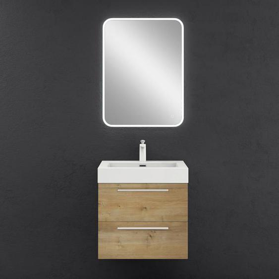 Sogood Meuble de Salle de Bains Marron Clair Ensemble de 3 Pièces Meuble Suspendu avec Lavabo 60cm et Miroir LED Design Quadratto