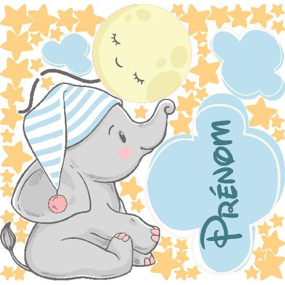 Sticker personnalisable prénom éléphant avec le ballon de lune