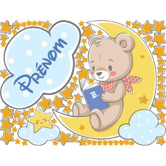 Sticker personnalisable prénom ourson sur la lune avec son livre