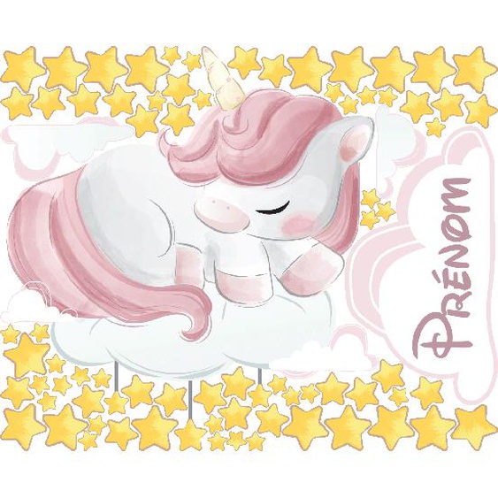 Sticker personnalisé prénom licorne sur le nuage et les étoiles