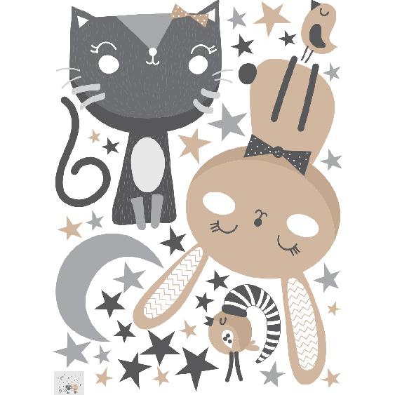 Stickers chat, lapin et oiseaux au clair de la lune