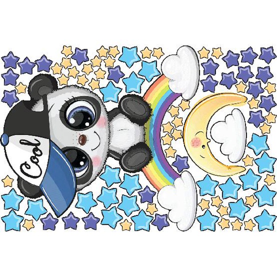 Stickers panda garçon sur arc en ciel et 90 étoiles