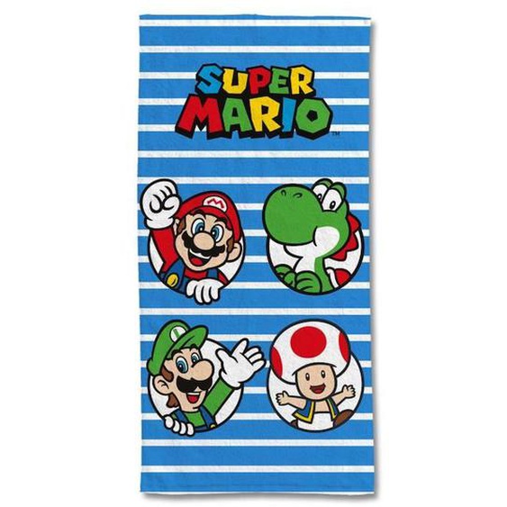 Super Mario - Serviette De Plage Mario Luigi Toad Et Yoshi 75x150 Cm - 100% Coton - 300 Gsm - Bleu Bleu