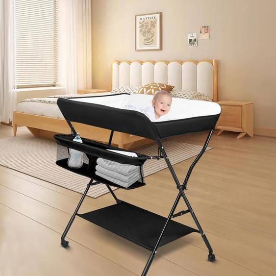 SUPFINE Plan à langer pliant, 3 hauteurs réglables, sur roulettes, Table à langer pour bébé, 2 étages Commode à langer Noir