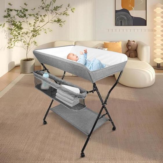 SUPFINE Table à langer, Commode Plan à langer pour bébé convient de la naissance à 12 mois, tissu Oxford, métal Gris